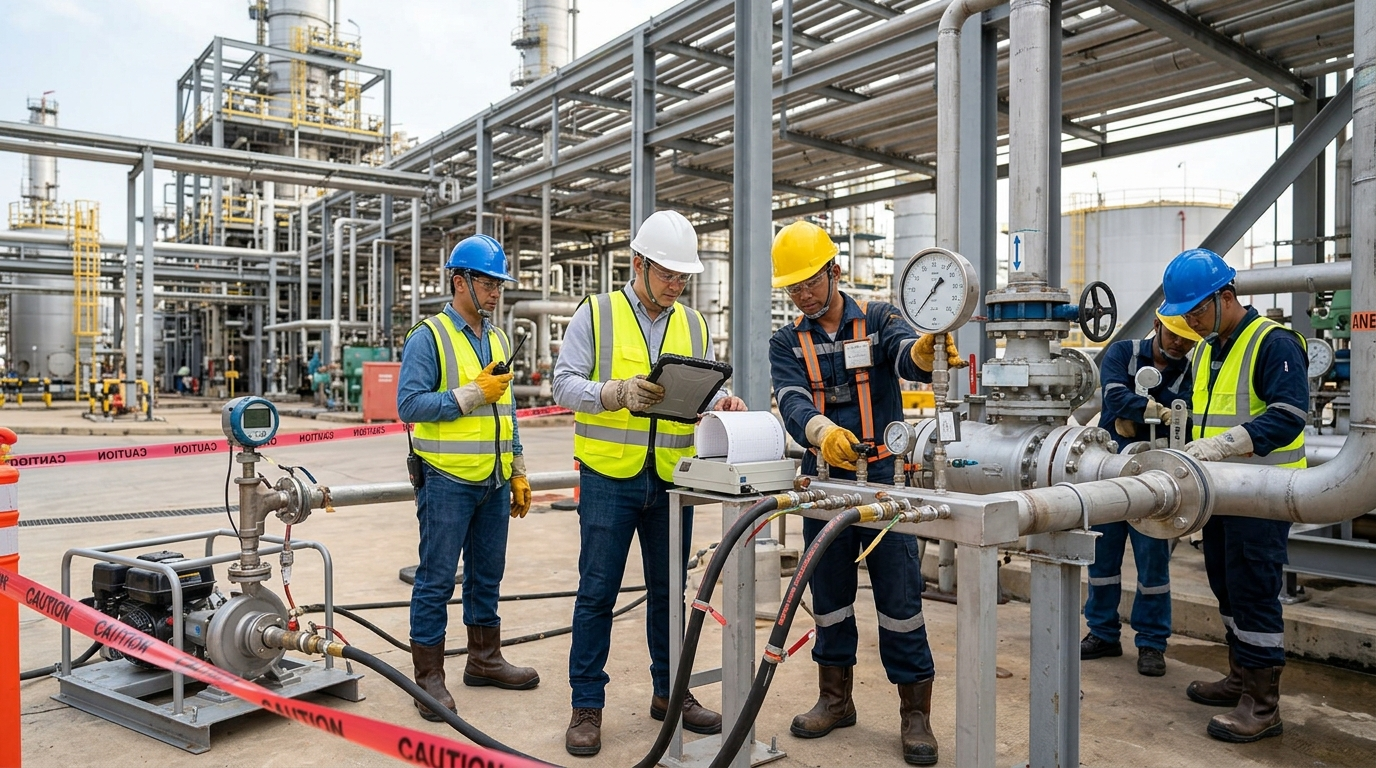 Ilustrasi teknis rangkaian hydrotest, termasuk pompa, pressure gauge, valve, dan jalur perpipaan.